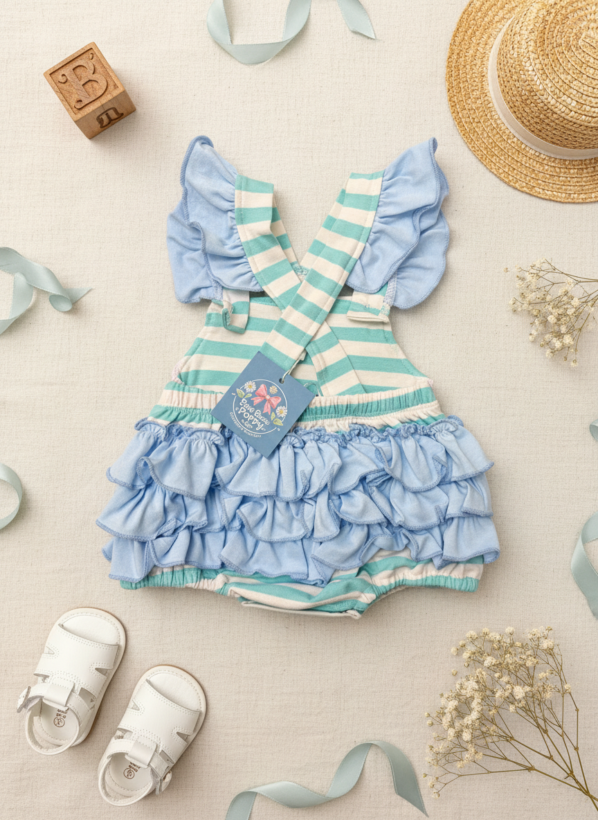 Seaside crab stripe smocked bubble romper with a ruffle back