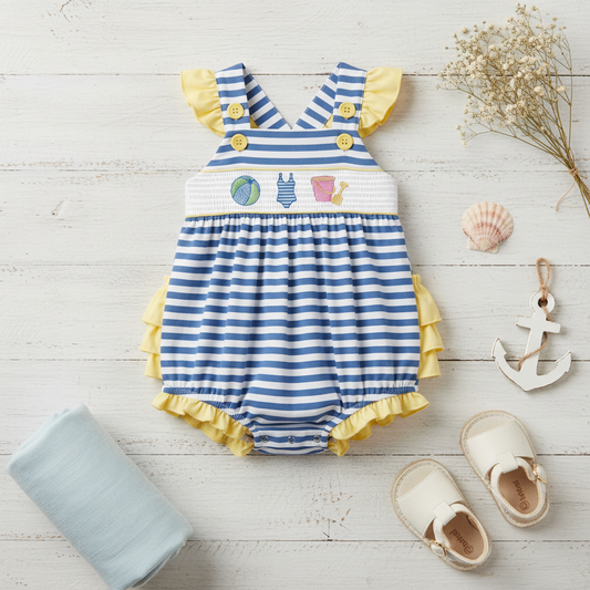 Smocked and embroidered beachball bubble romper