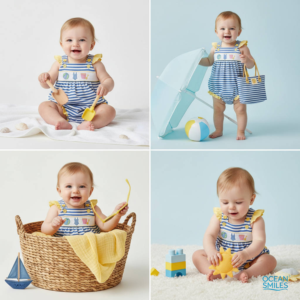 Smocked and embroidered beachball bubble romper