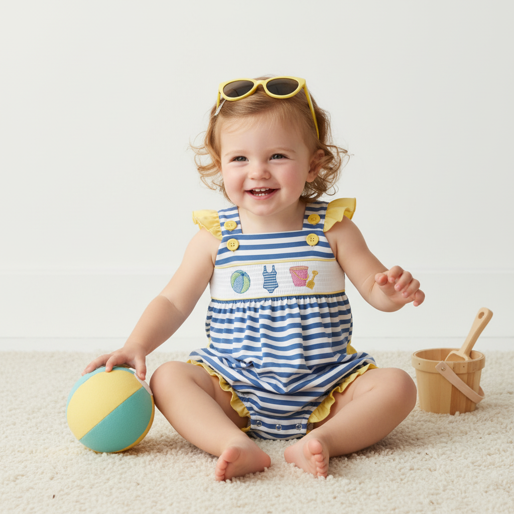 Smocked and embroidered beachball bubble romper