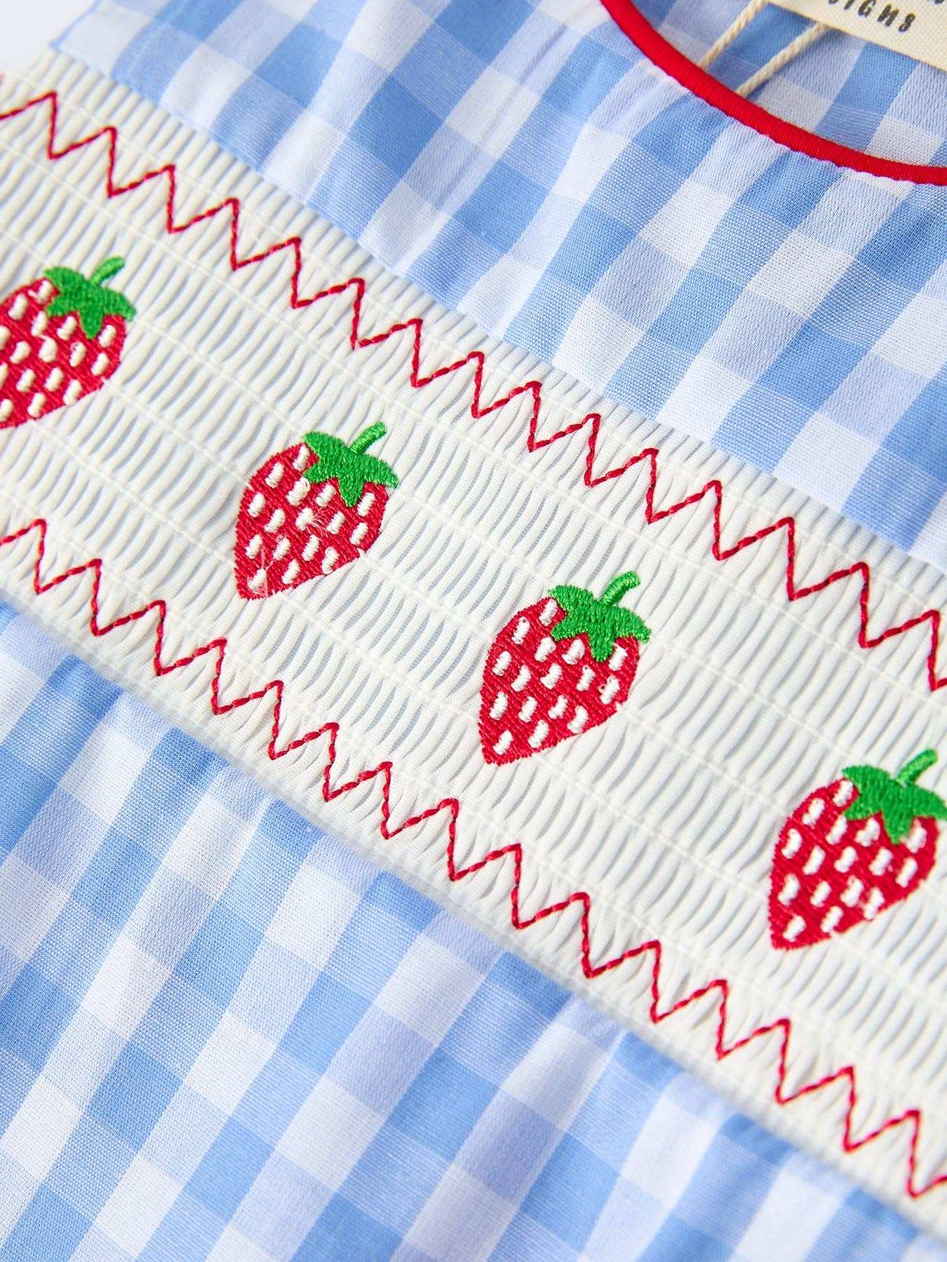 Rylee Faith Designs - Baby Boys Summer Strawberry Embroidered Smocked Romper