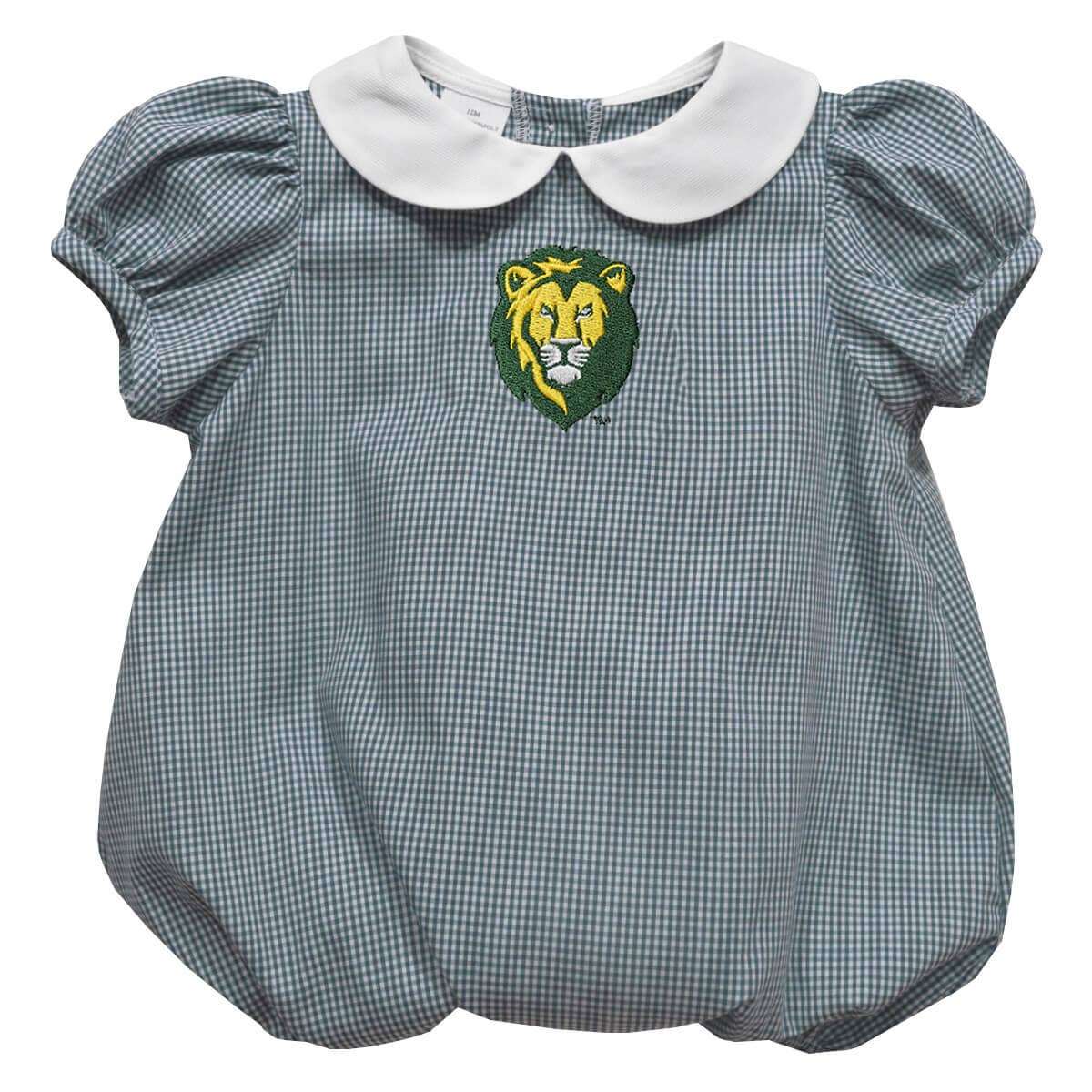 Southeastern Louisiana Lions embroidered green gingham baby girls bubble romper with white peter pan collar and puff sleeves