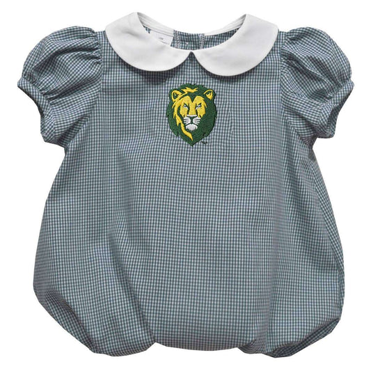 Southeastern Louisiana Lions embroidered green gingham baby girls bubble romper with white peter pan collar and puff sleeves