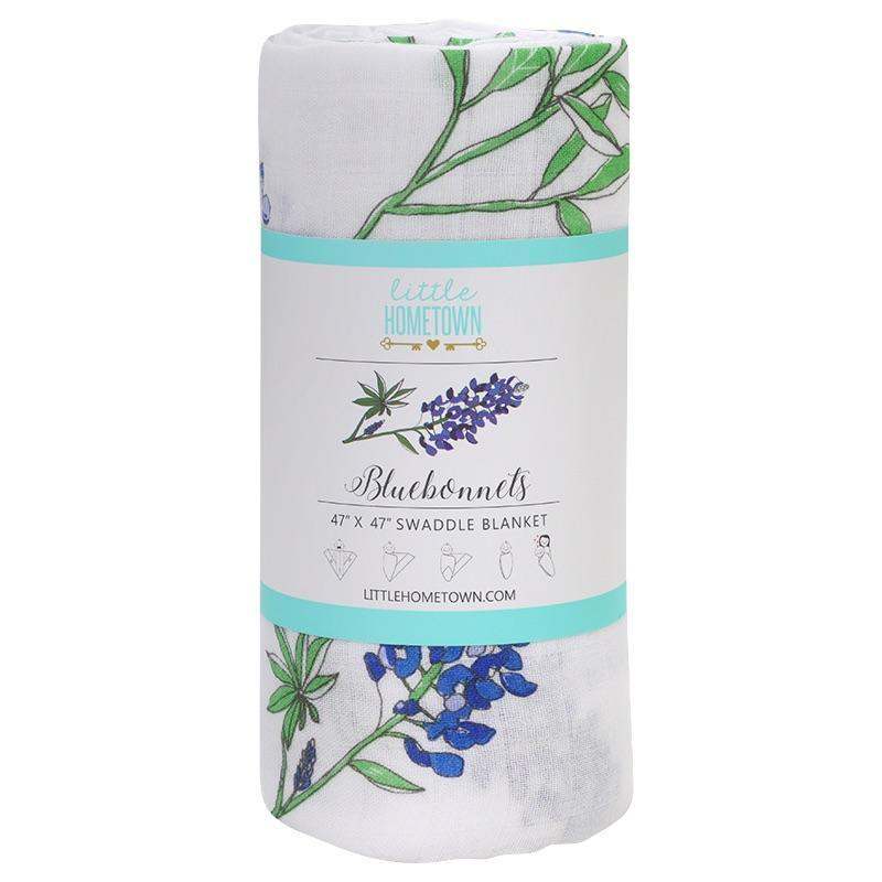 Gift Set: Bluebonnets Baby Muslin Swaddle Blanket and Burp Cloth/Bib Combo side view
