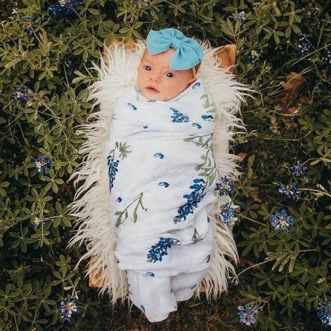 Gift Set: Bluebonnets Baby Muslin Swaddle Blanket and Burp Cloth/Bib Combo detail view