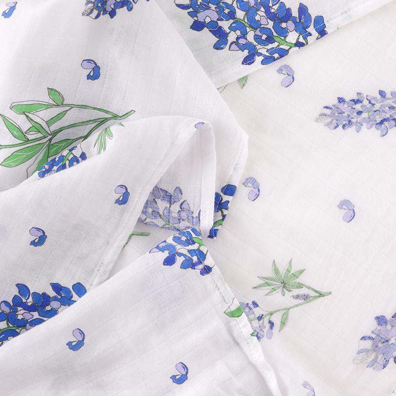 Gift Set: Bluebonnets Baby Muslin Swaddle Blanket and Burp Cloth/Bib Combo fabric and material close-up