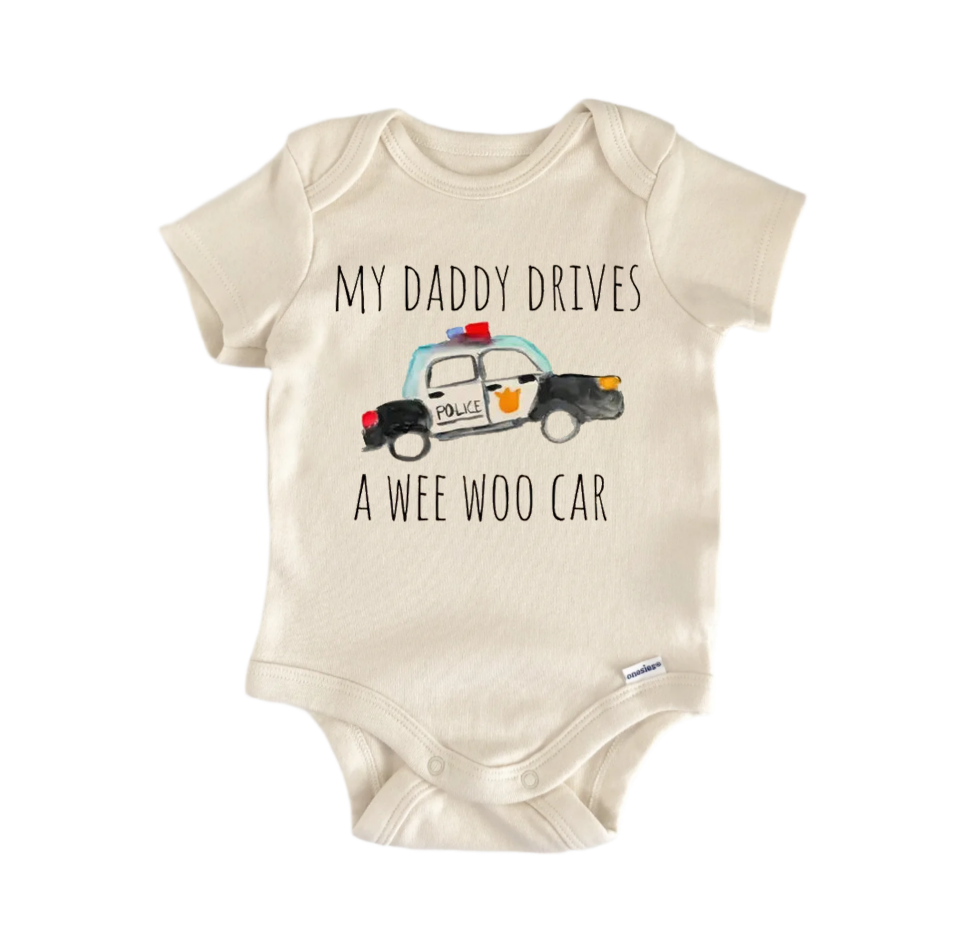 Wee woo car police newborn baby onesie front view