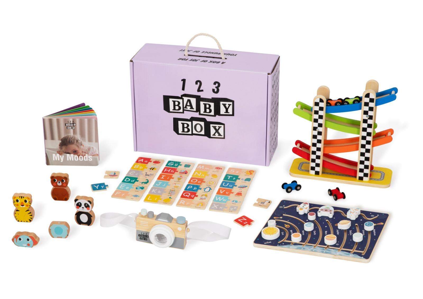 Montessori Educational Box for 16-18 months with wooden toys, alphabet puzzle, racing ramp, and mood cards for cognitive development