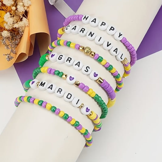 Mardi Gras Beaded Bracelet Set (7-Pack) – Stretchy Multi-Layer Elastic Wristbands, Assorted Styles