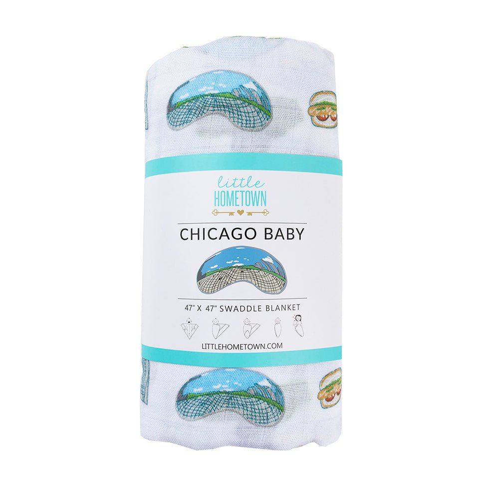 Gift Set: Chicago Baby Muslin Swaddle Blanket and Burp Cloth/Bib Combo