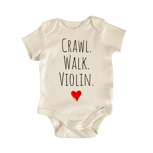 Crawl Walk Violin newborn baby onesie with easy snap closure, front view