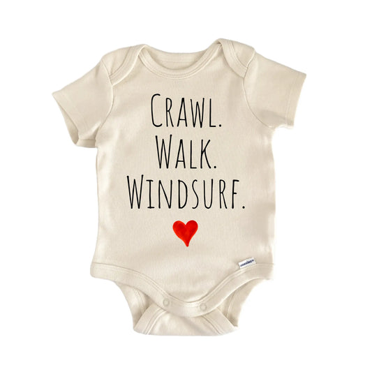 Crawl Walk Windsurf newborn baby onesie with easy snap closure, front view