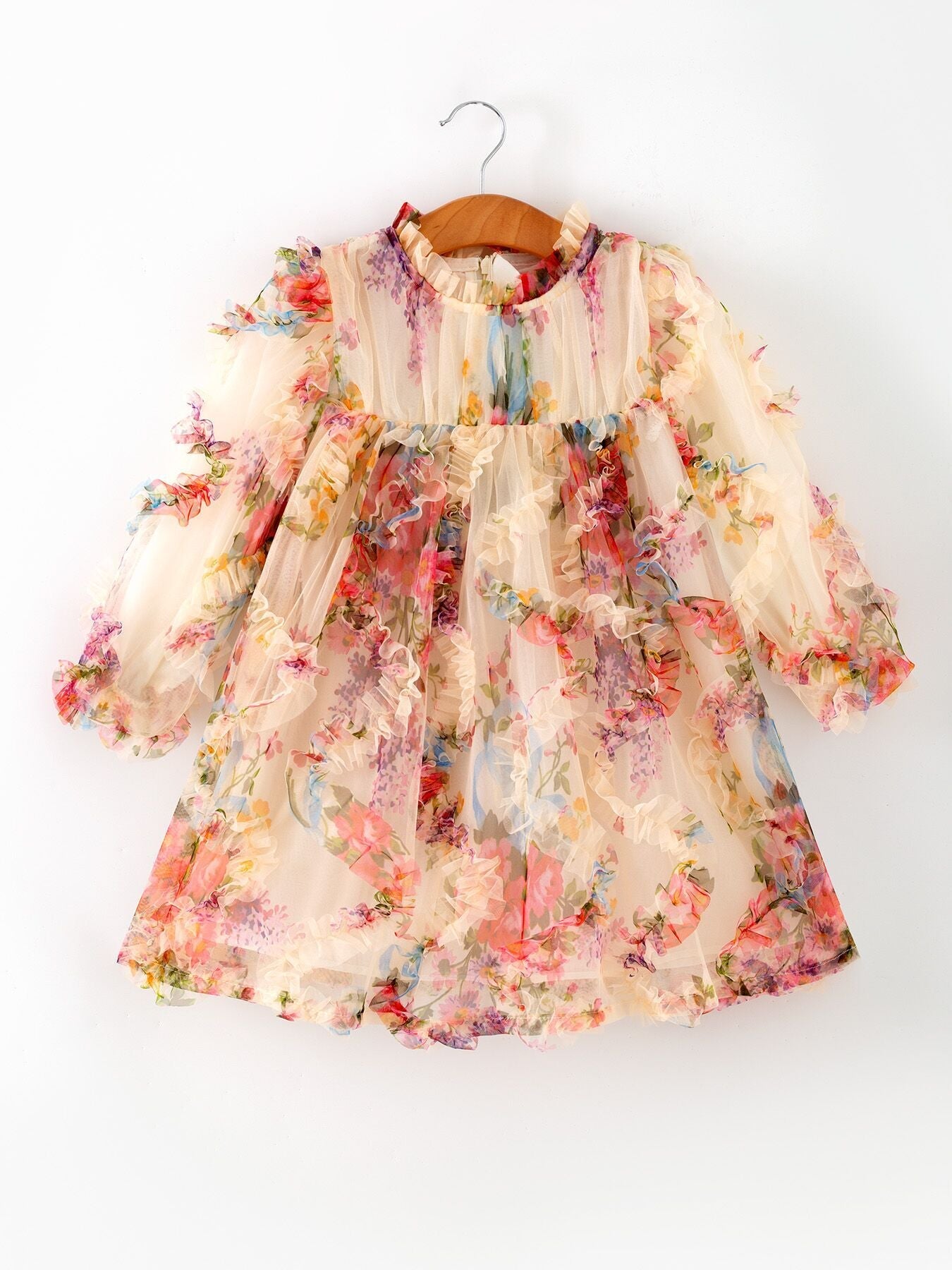 Pastel flower ruffle dress detail view