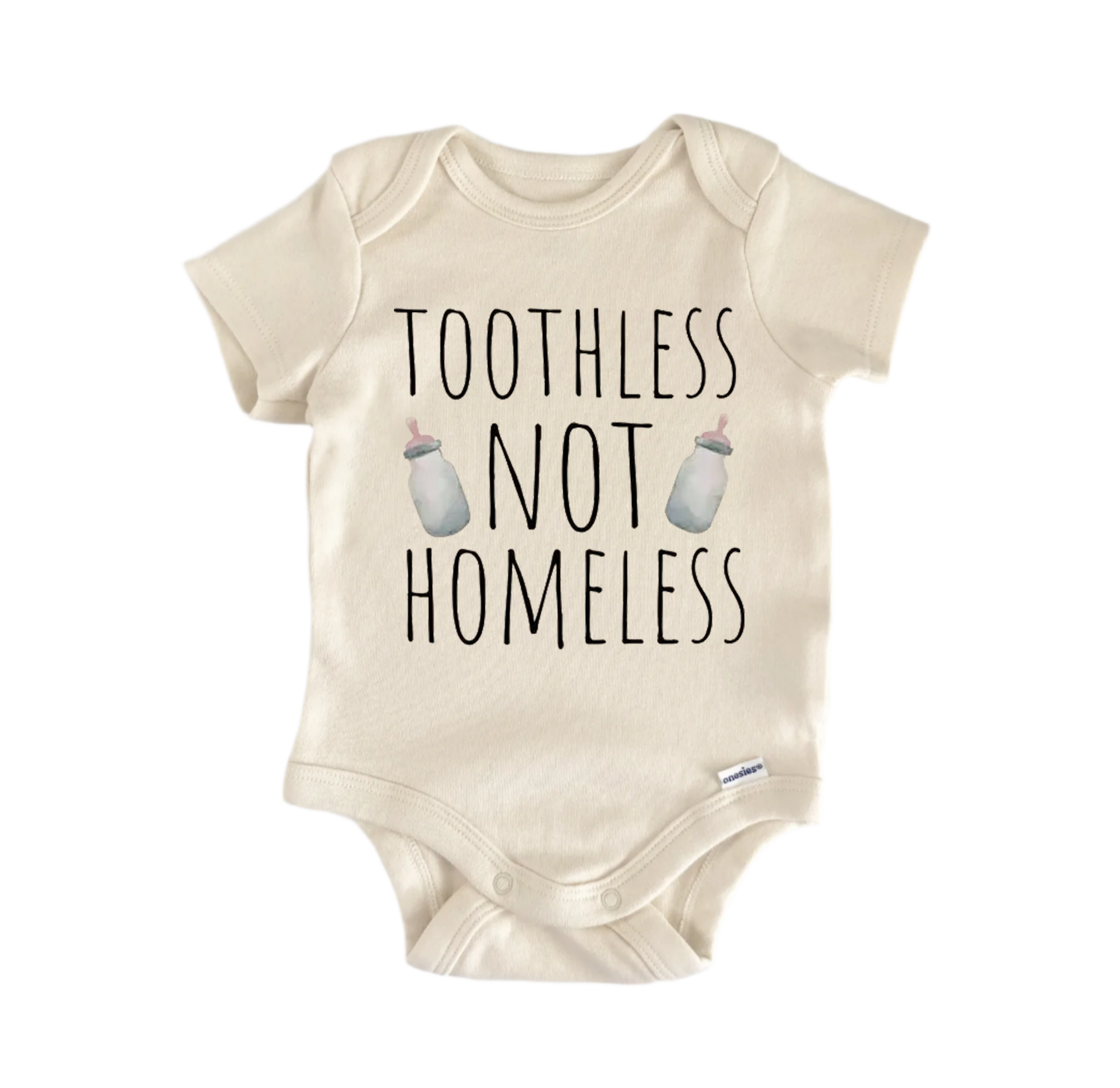 Toothless not homeless newborn baby onesie front view