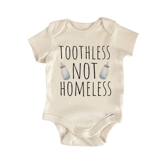 Toothless not homeless newborn baby onesie front view