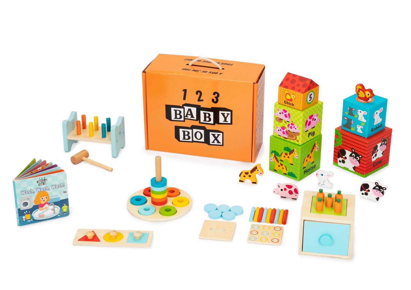 Montessori Educational Box for 13-15 months with wooden stacker, play book, shape puzzle, pound bench, farm nesting box, and drawer set