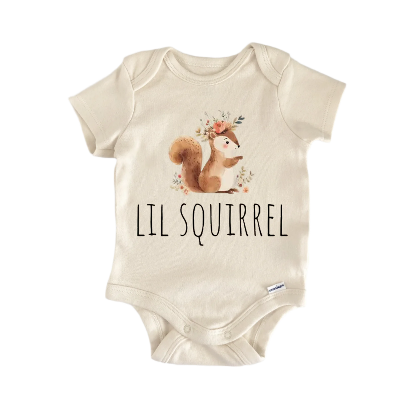 Squirrel newborn baby onesie front view