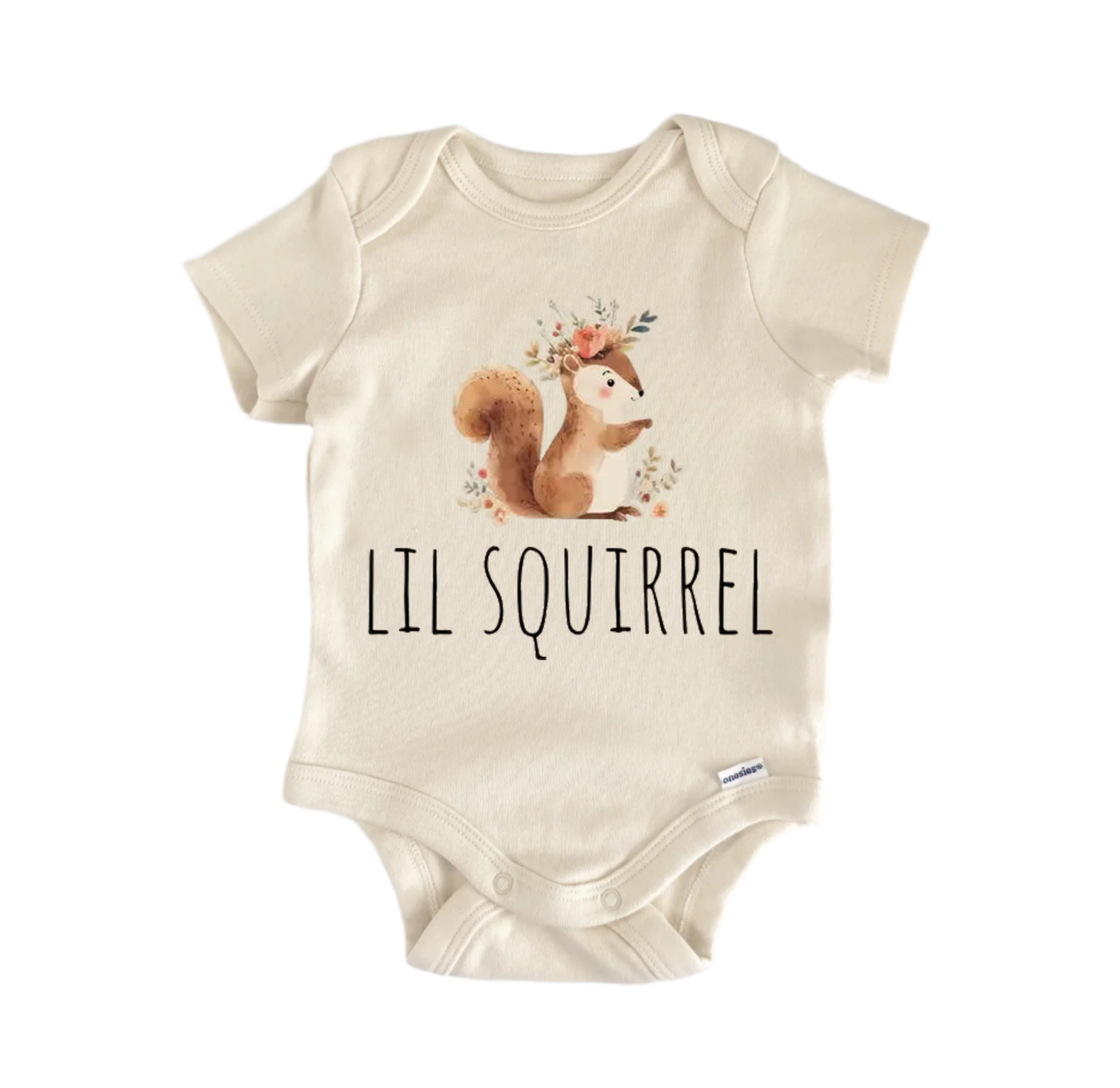 Squirrel newborn baby onesie front view