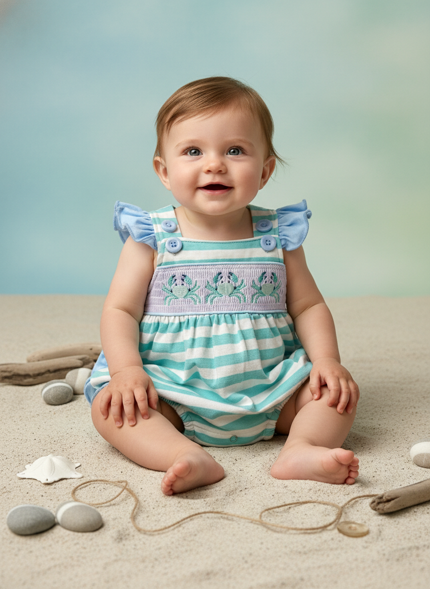 Seaside crab stripe smocked bubble romper with a ruffle back