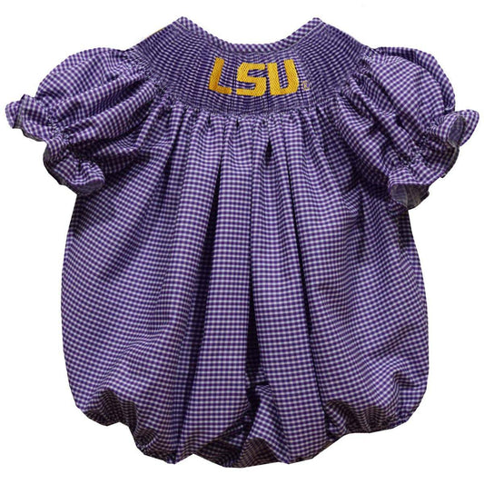 Vive La Fete LSU Tigers purple gingham smocked short sleeve girls bubble romper