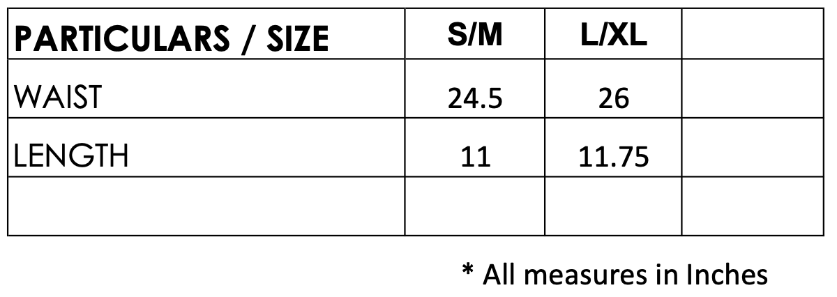 Size chart for Mardi Gras Creations Junior Pleated Skorts in Black, showing waist and length measurements for S/M and L/XL sizes.