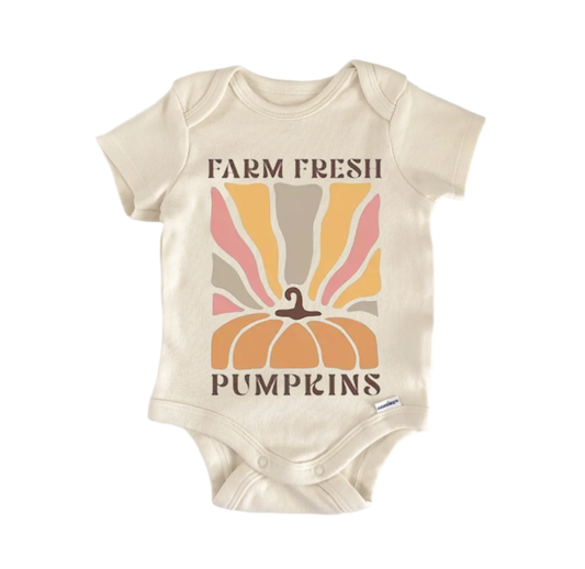 Farm Pumpkin Retro Fall Newborn Baby Onesie front view