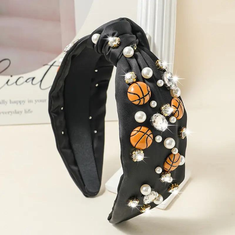 Black sporty knotted headband decorated with basketballs, pearls, and rhinestones for activewear style