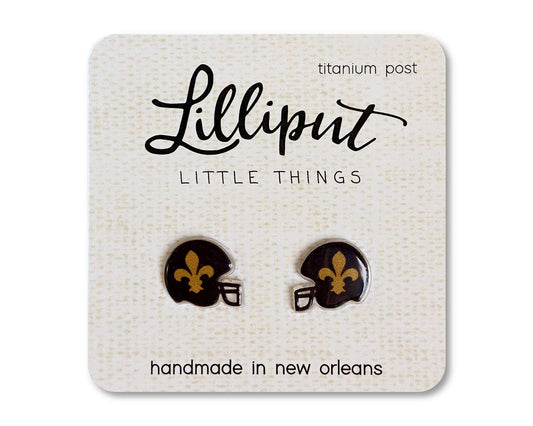 Lilliput Little Things fleur de lys helmet earrings with hypoallergenic titanium posts, waterproof and fade-proof, handmade in New Orleans
