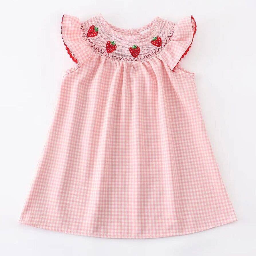 Rylee Faith Designs - Baby Girls Strawberry Embroidered Plaid Smocked Dress