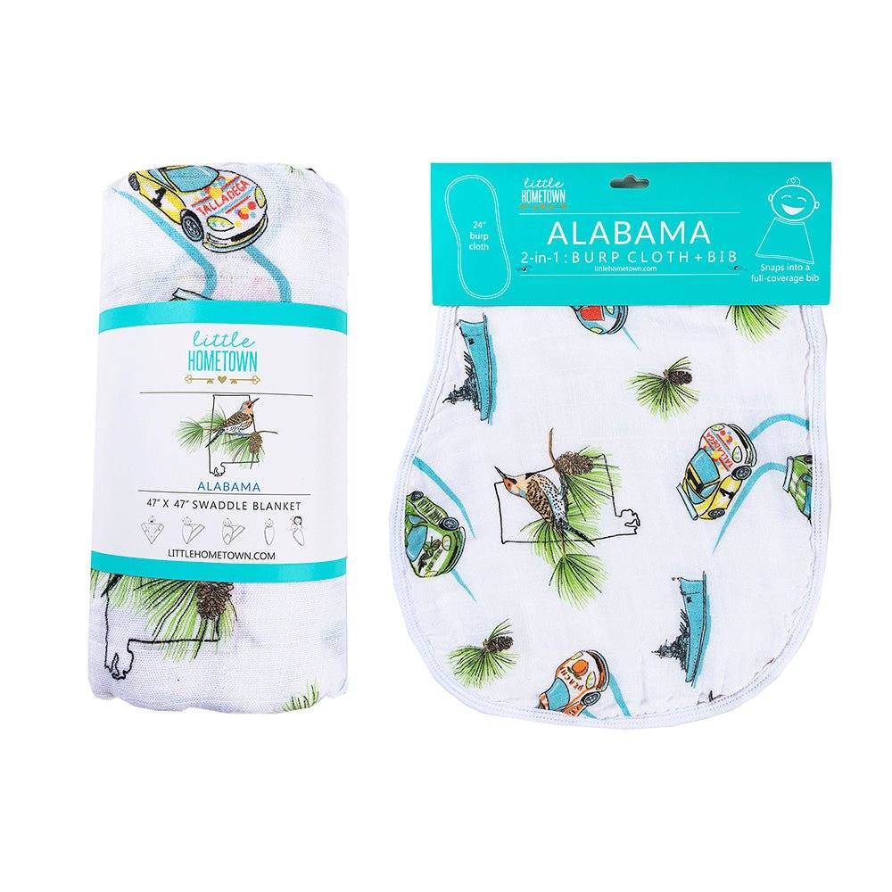 Gift Set: Alabama Baby Muslin Swaddle Blanket and Burp Cloth/Bib Combo full length view
