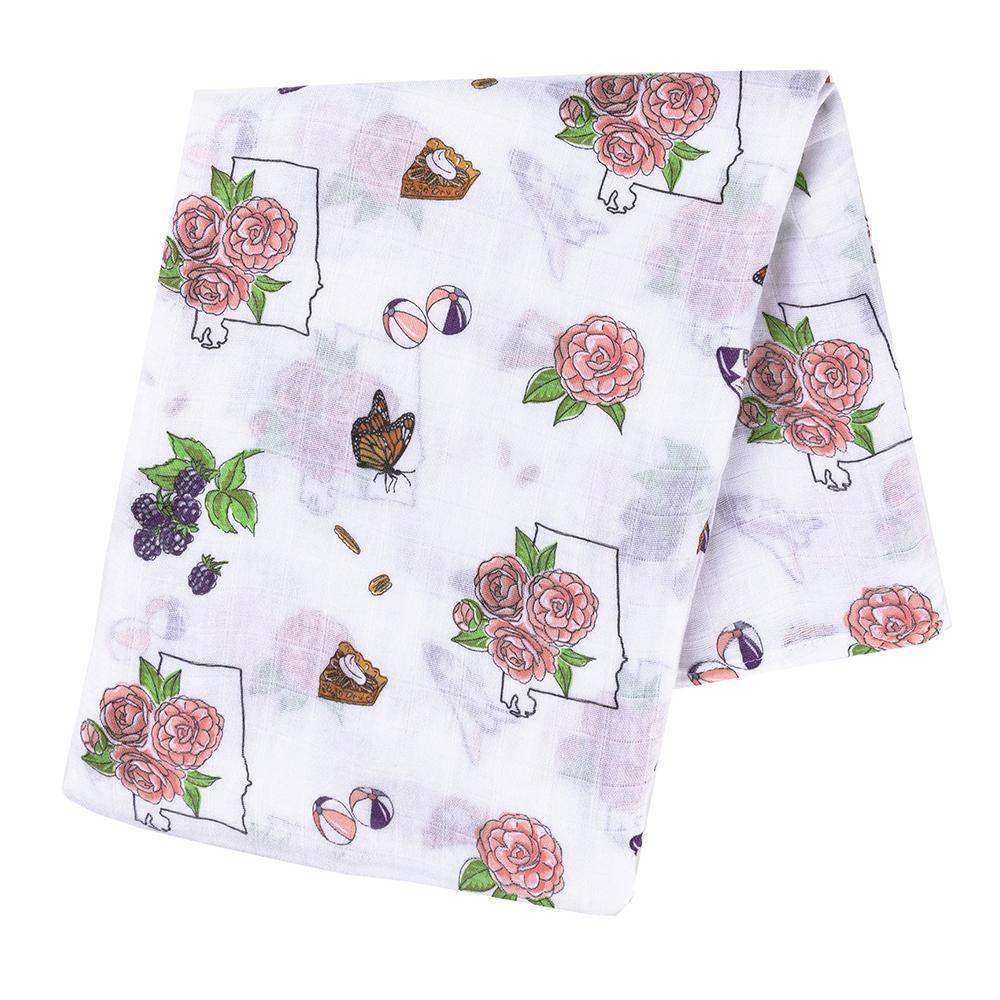 Gift Set: Alabama Floral Baby Muslin Swaddle Blanket and Burp Cloth/Bib Combo detail view