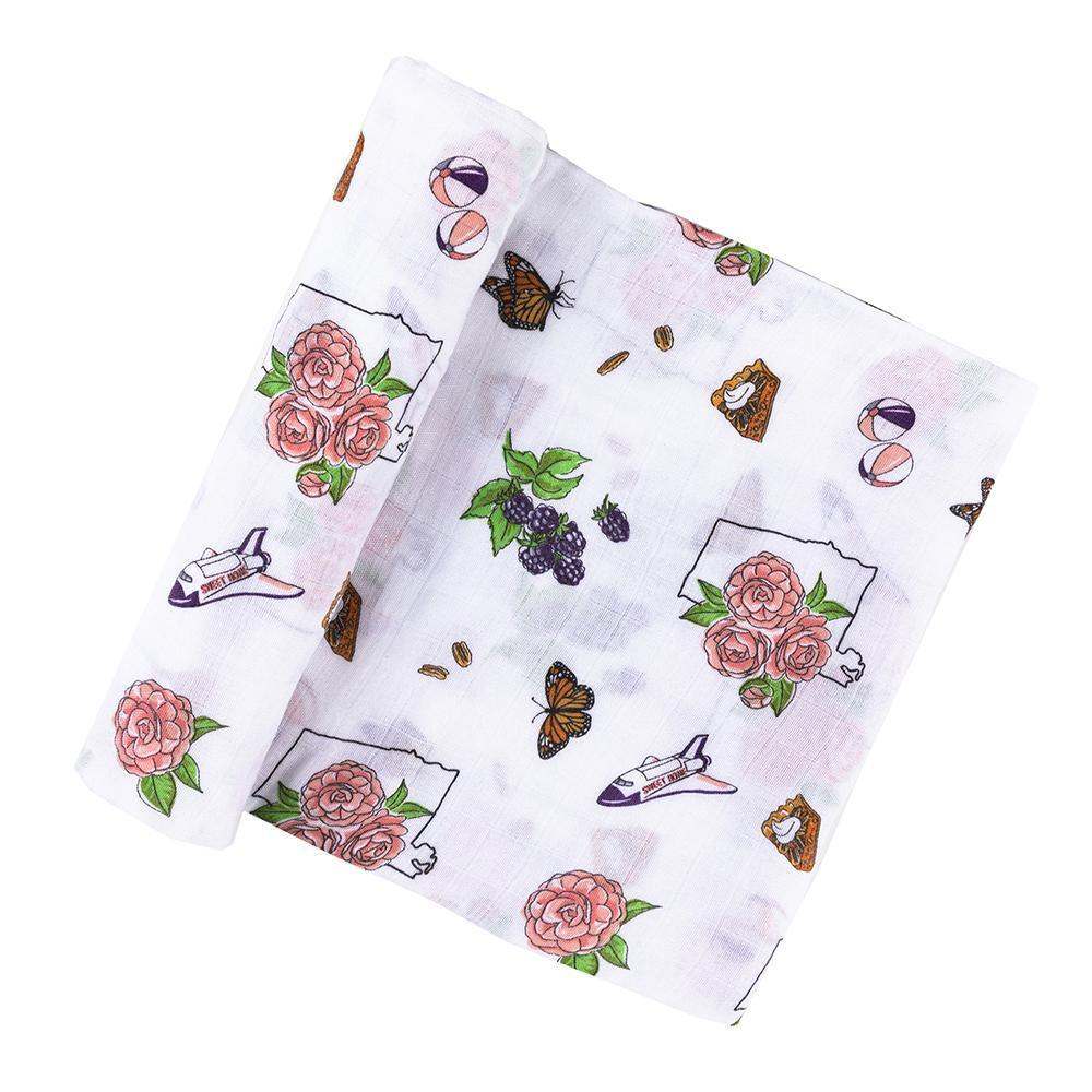 Gift Set: Alabama Floral Baby Muslin Swaddle Blanket and Burp Cloth/Bib Combo side view