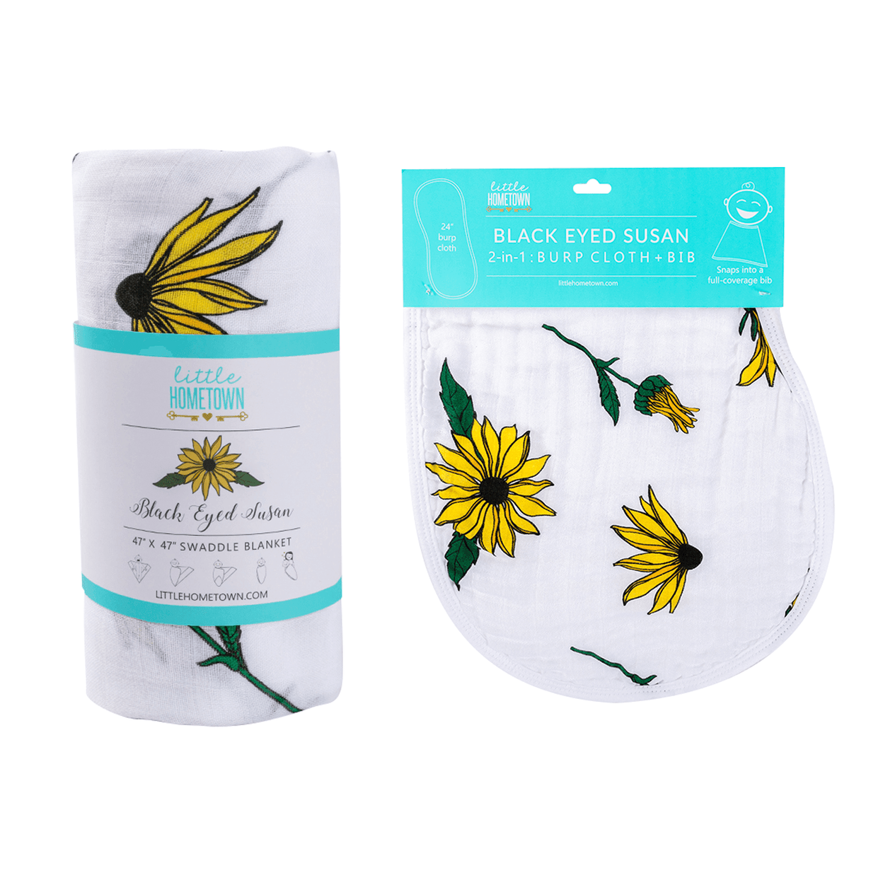 Gift Set: Black Eyed Susan Muslin Swaddle Baby Blanket and Burp Cloth/Bib Combo Newborn Essentials for Feeding and Comfort
