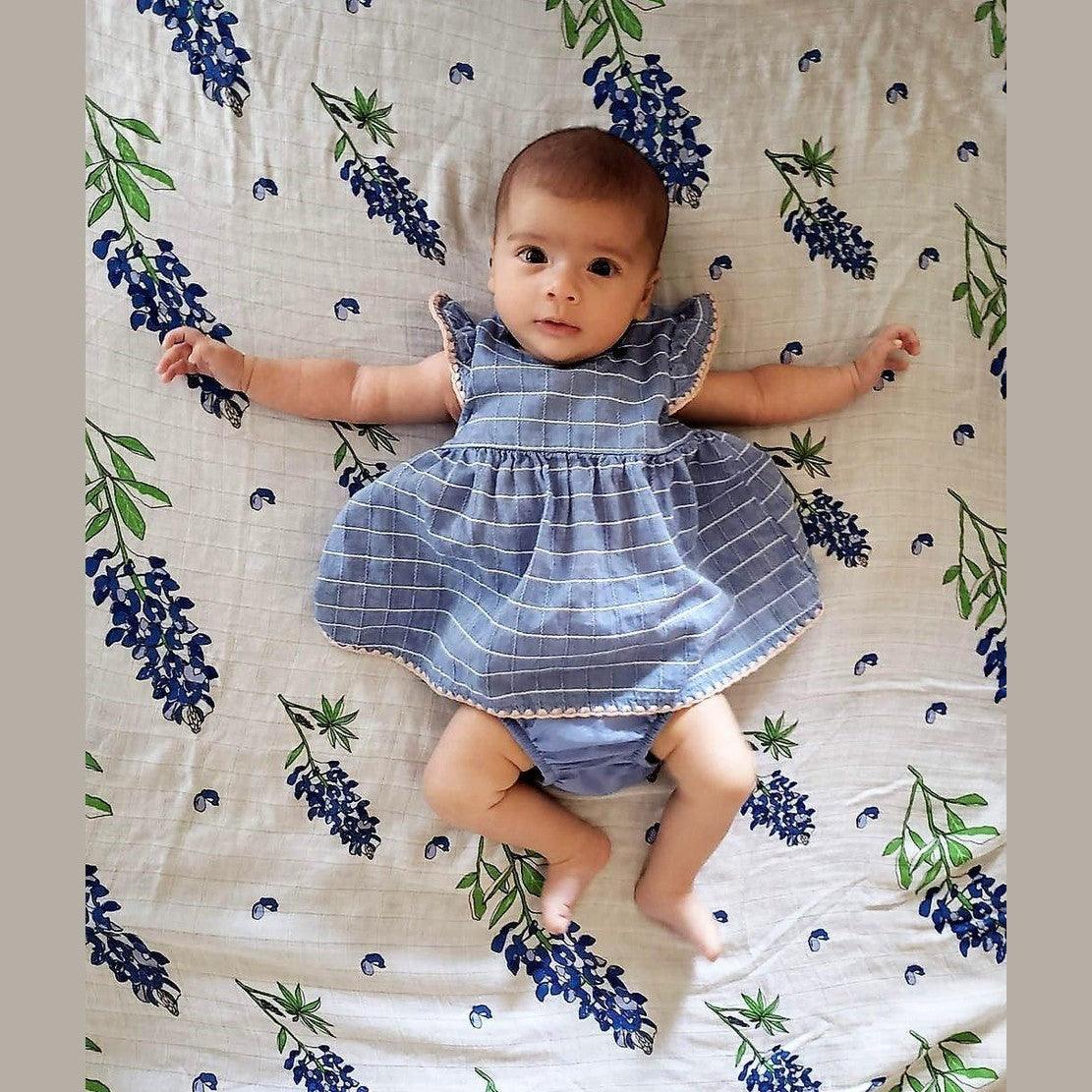 Gift Set: Bluebonnets Baby Muslin Swaddle Blanket and Burp Cloth/Bib Combo back view