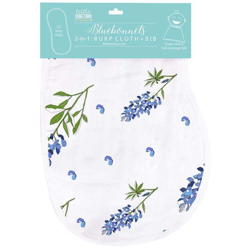 Gift Set: Bluebonnets Baby Muslin Swaddle Blanket and Burp Cloth/Bib Combo close-up detail