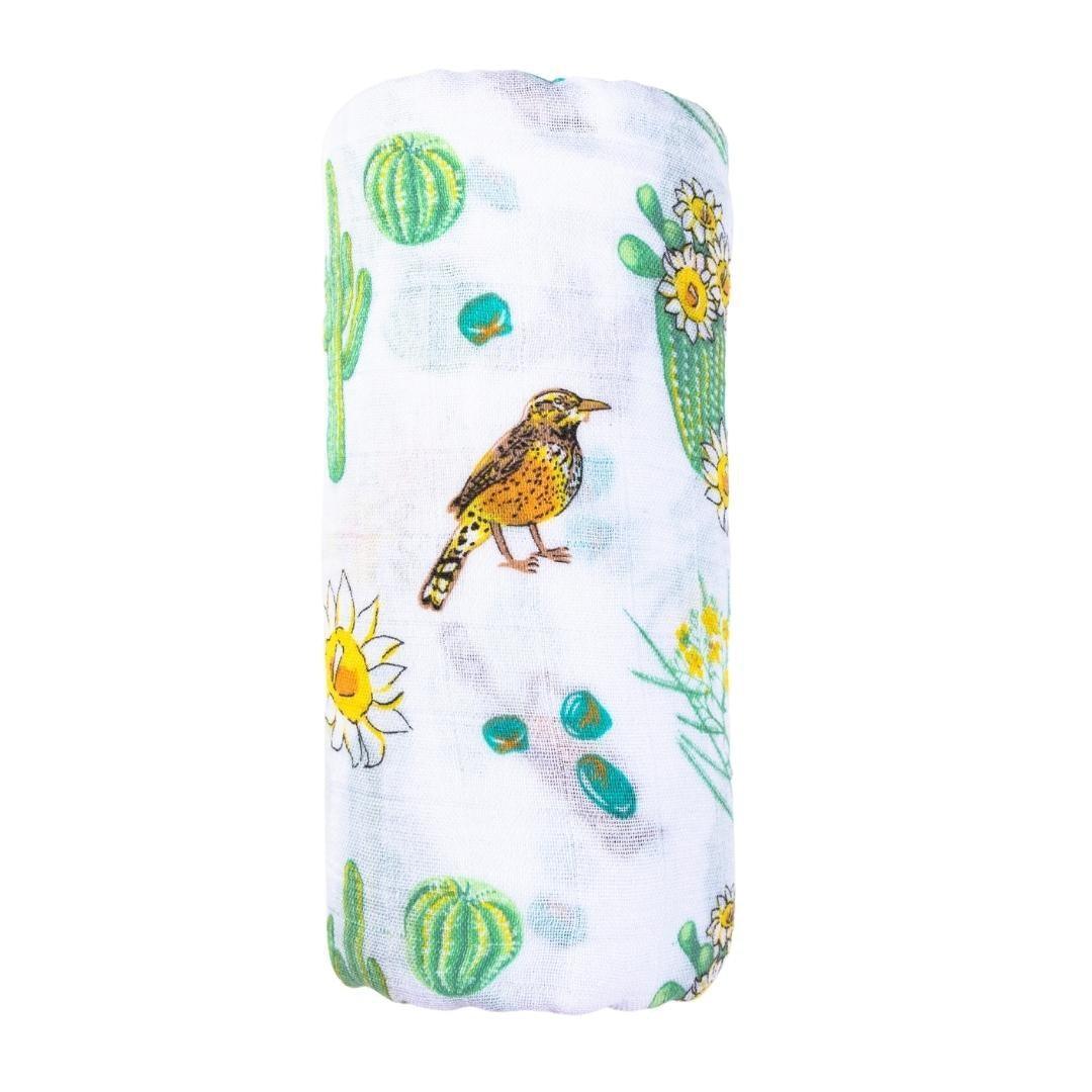 Gift Set: Cactus Blossom Baby Muslin Swaddle Blanket and Burp/Bib Combo