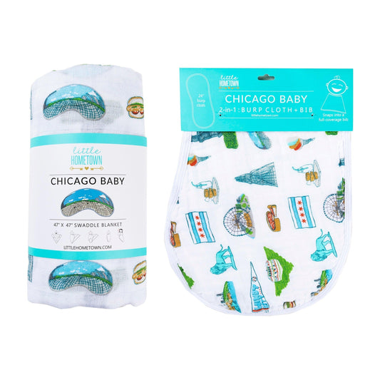 Gift Set: Chicago Baby Muslin Swaddle Blanket and Burp Cloth/Bib Combo