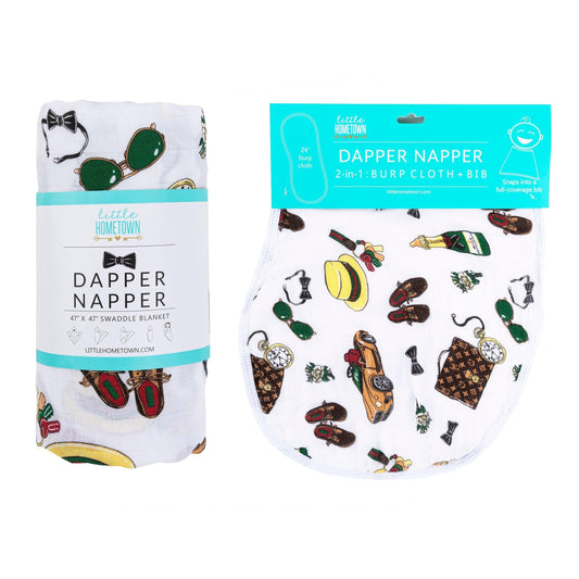 Gift Set: Dapper Napper Baby Muslin Swaddle Blanket and Burp Cloth/Bib Combo Soft Breathable Bamboo Cotton