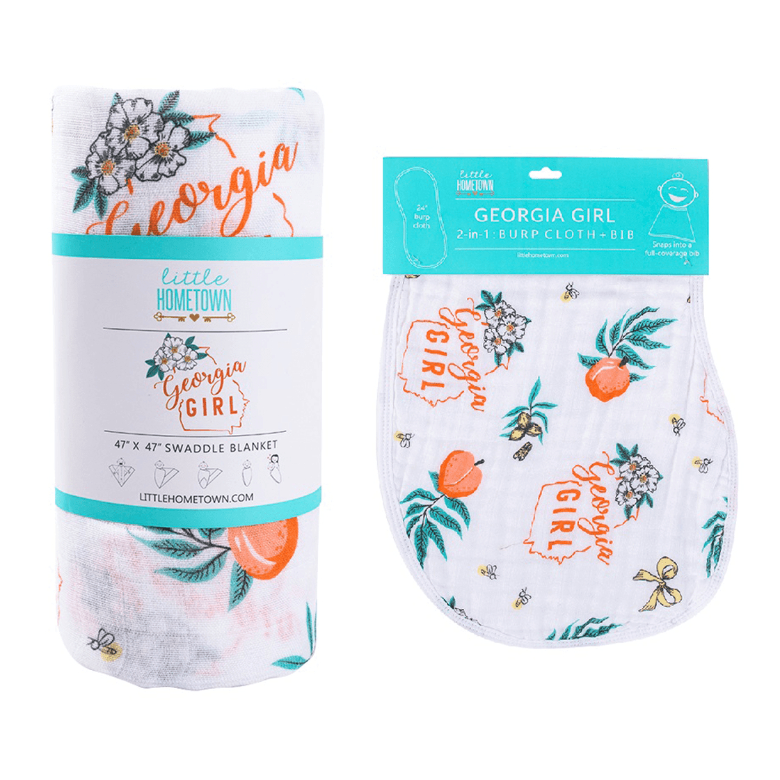 Gift Set: Georgia Girl Muslin Swaddle Blanket and Burp Cloth/Bib Combo