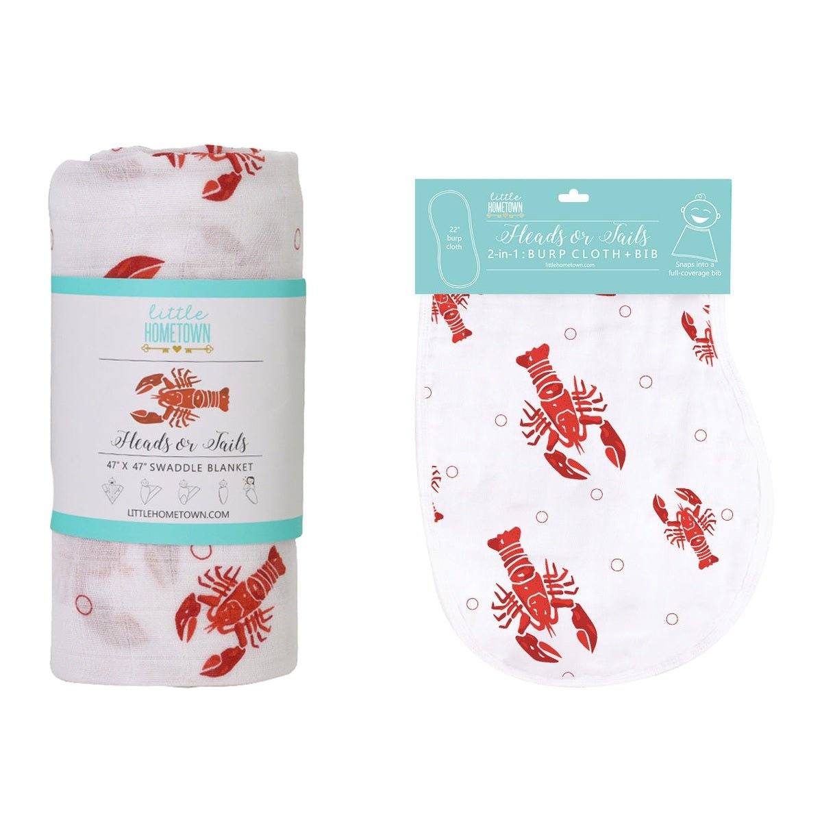 Gift Set: Heads Tails Crawfish Lobster Baby Muslin Swaddle Blanket and Burp Cloth/Bib Combo side view