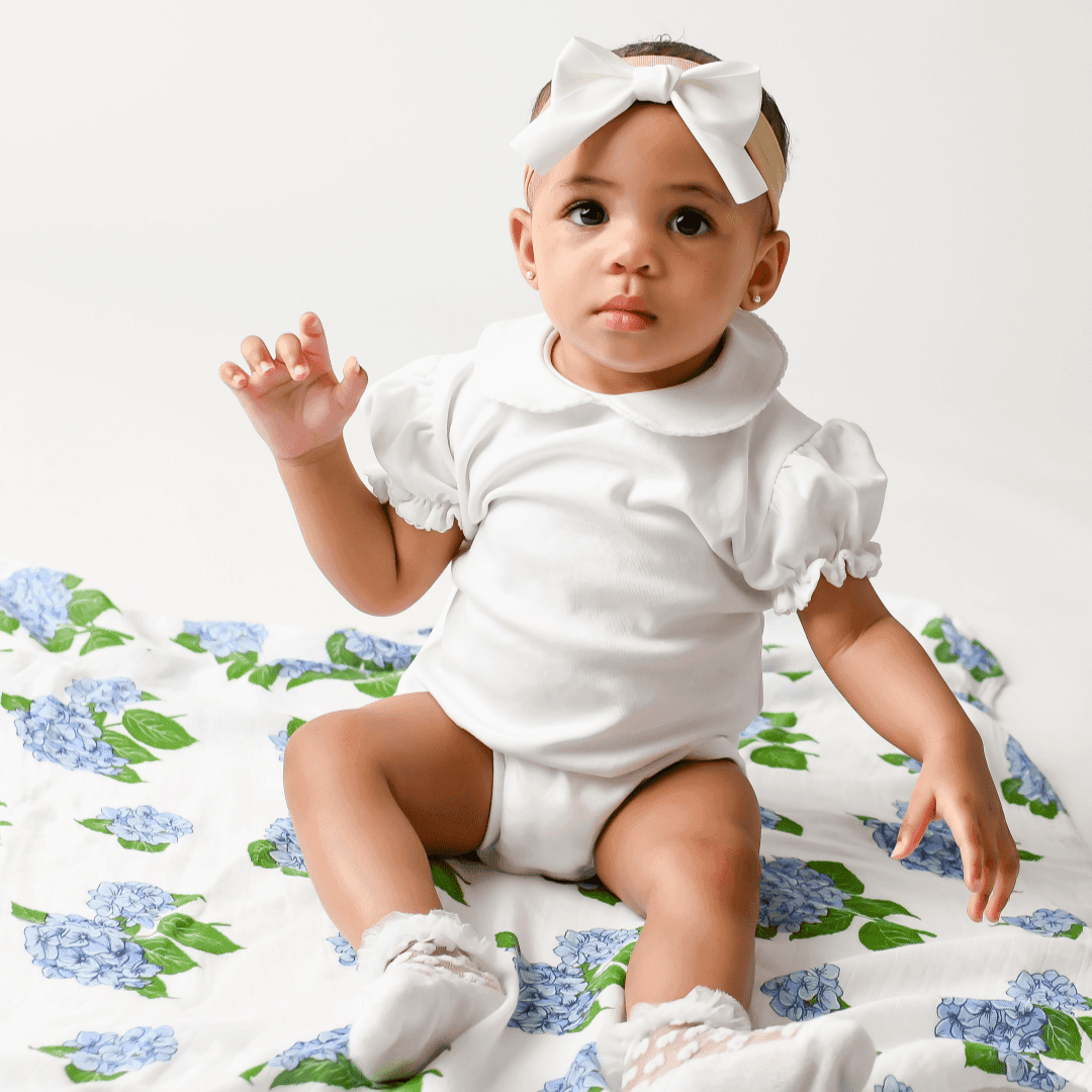 Gift Set: Hydrangeas Baby Muslin Swaddle Blanket and Burp Cloth/Bib Combo print and pattern detail