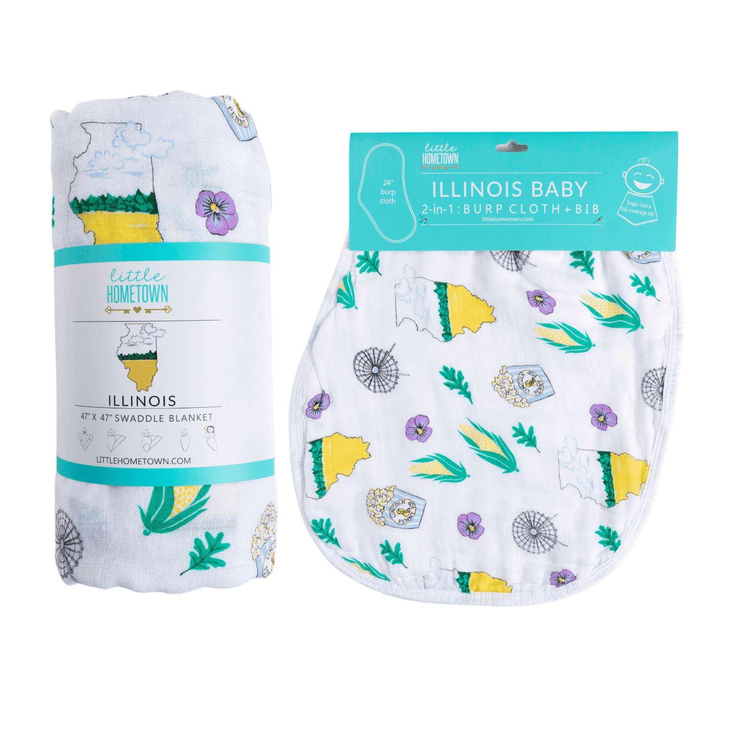 Gift Set: illinois Baby Muslin Swaddle Blanket and Burp Cloth/Bib Combo