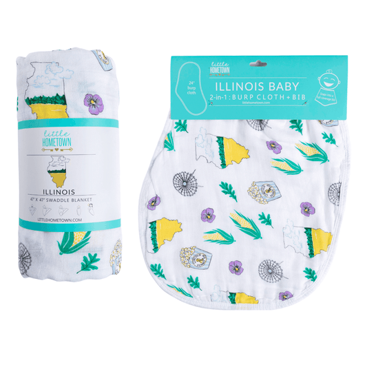 Gift Set: illinois Baby Muslin Swaddle Blanket and Burp Cloth/Bib Combo