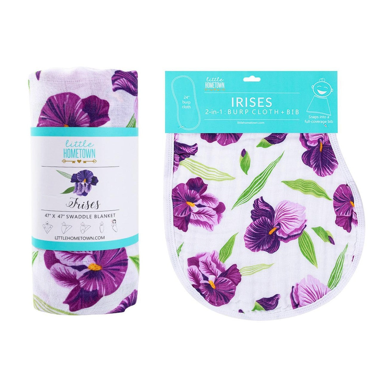 Gift Set: Irises Baby Muslin Swaddle Blanket and Burp Cloth/Bib Combo