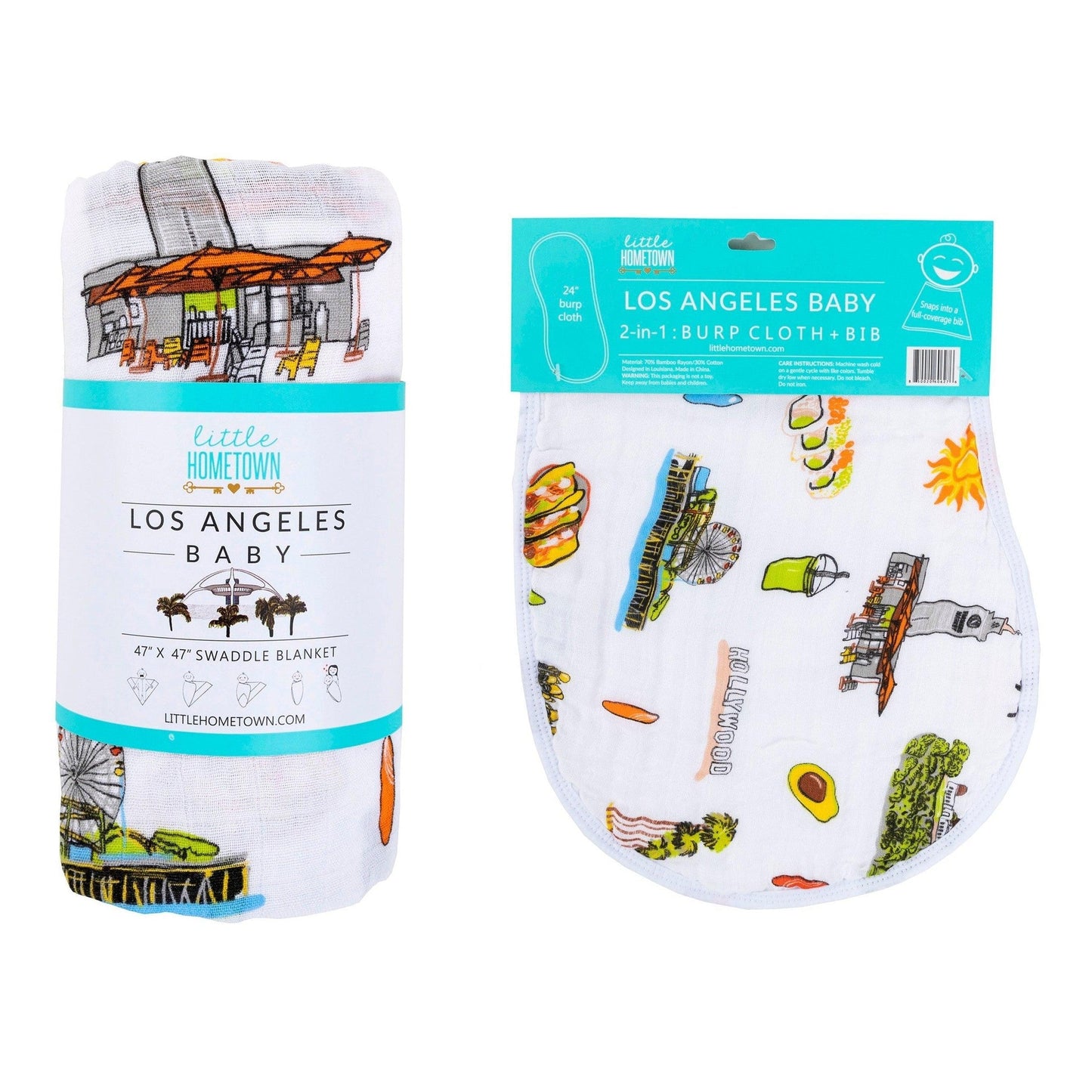 Gift Set: Los Angeles Baby Muslin Swaddle Blanket and Burp Cloth/Bib Combo Soft Breathable Bamboo Cotton