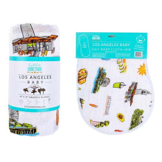 Gift Set: Los Angeles Baby Muslin Swaddle Blanket and Burp Cloth/Bib Combo Soft Breathable Bamboo Cotton