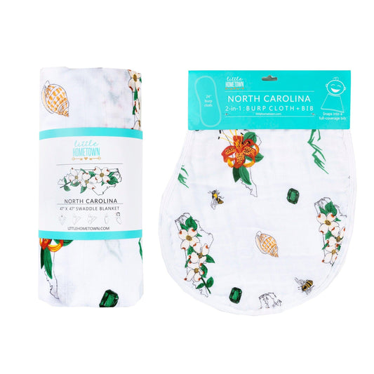 Gift Set: North Carolina Baby Muslin Swaddle Blanket and Burp Cloth/Bib Combo (Floral)