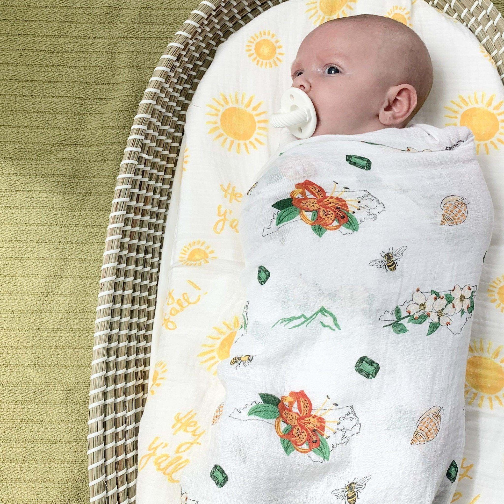 Gift Set: North Carolina Baby Muslin Swaddle Blanket and Burp Cloth/Bib Combo (Floral) detail view