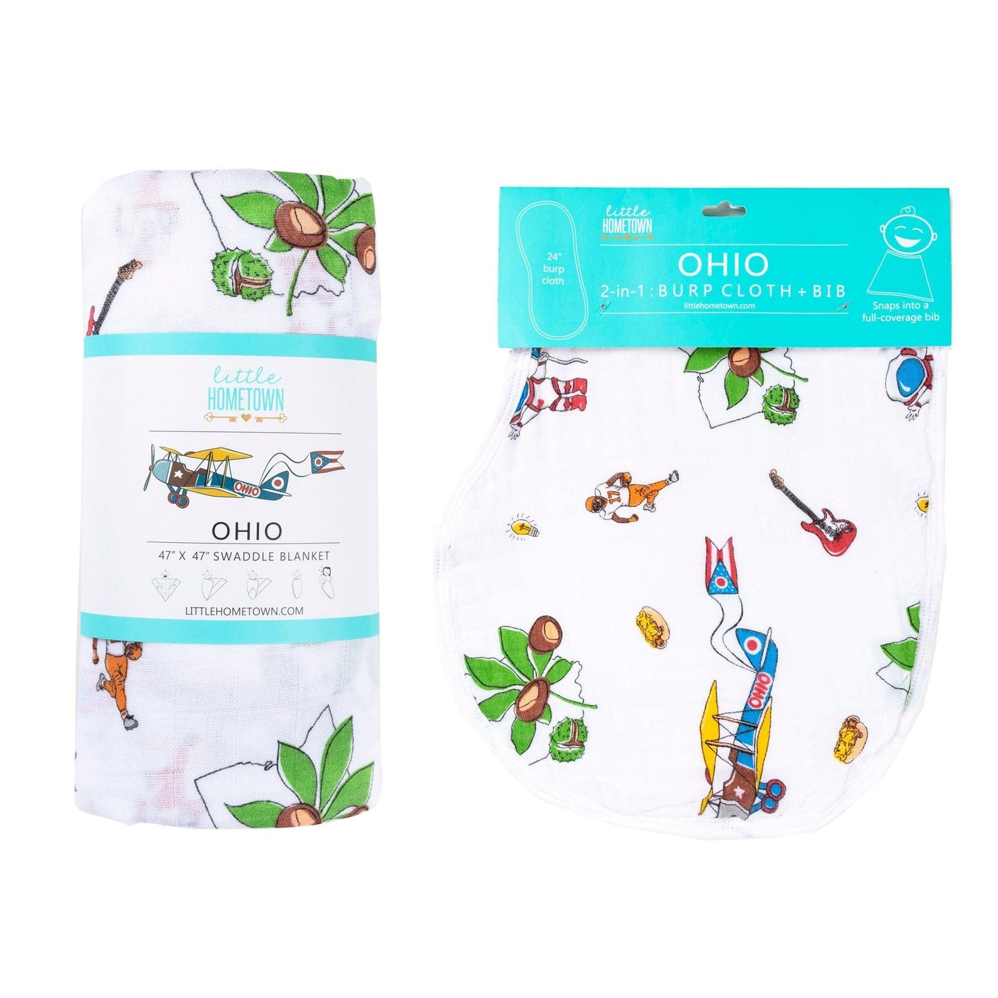Gift Set: Ohio Baby Muslin Swaddle Receiving Blanket and Burp Cloth / Bib Combo