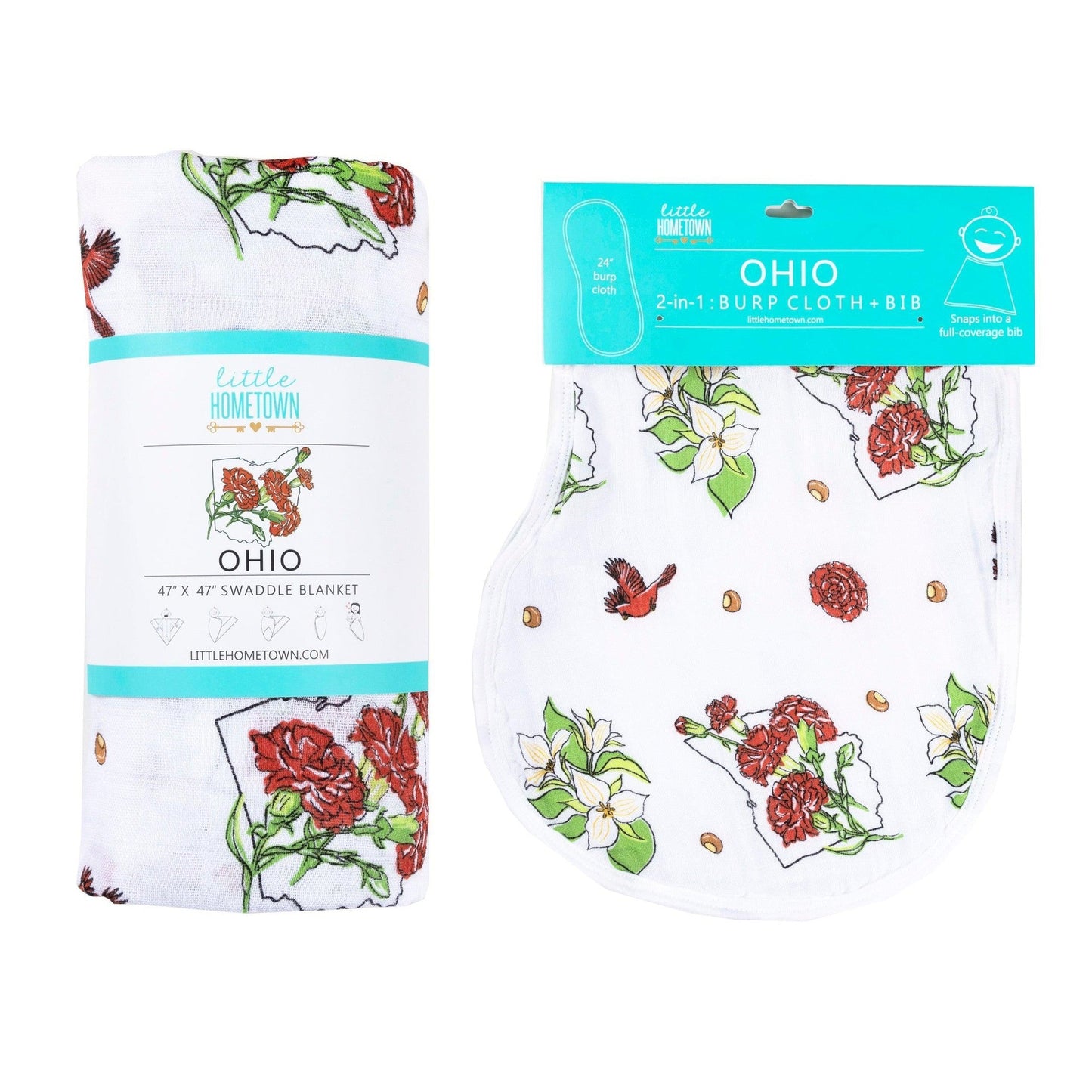 Gift Set: Ohio Baby Muslin Swaddle Receiving Blanket (Floral) and Burp/Bib Combo